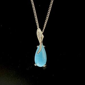 Blue Stone Diamond Stud Teardrop  Silver sweet sparkly Necklace 24 Inch